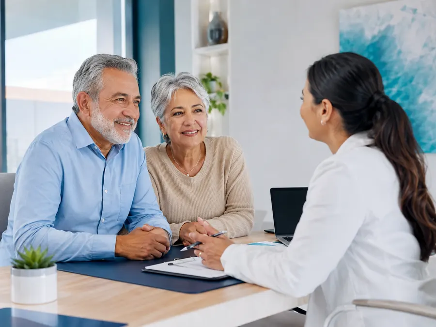 Una pareja adulta conversa con una profesional de la salud en un consultorio luminoso