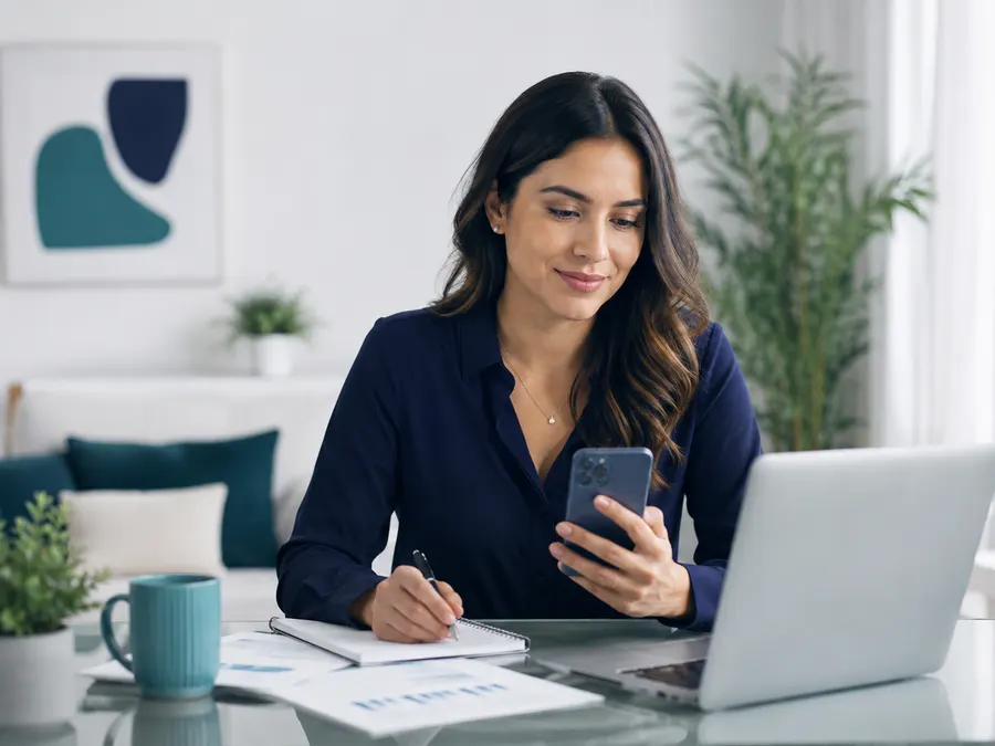 Una mujer consulta desde su casa con el teléfono y la computadora